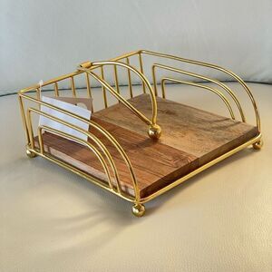 NWT Gorgeous Modern Gold Metal with Rustic Wood Base Napkins Holder Minimalist